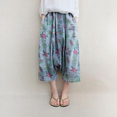 Women Printed Denim Pants Beach Pants, Cropped Pants Elastic Waist Cotton Zen Pants, Harem Pants Wid Summer Baggy Denim Harem Pants, Summer Denim Baggy Harem Pants, Bohemian Denim Blue Bottoms For Summer, Bohemian High Waist Jeans For Summer, Non-stretch Ankle-length Jeans For Summer, Ankle-length Non-stretch Jeans For Summer, Hippie Straight Leg Summer Bottoms, Baggy Denim Blue Pants For Summer, Bohemian Cotton Jeans For Summer