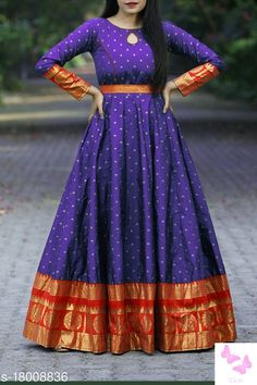 Limited stock available Latest Saree Gown Designs, Long Gown Dress From Saree, Fancy Gown, Lehenga Saree Design, Maxi Design, Gown Blue