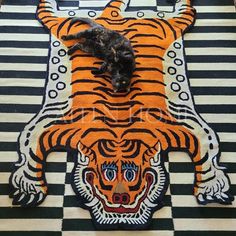 a black cat laying on top of a rug with a tiger face painted on it