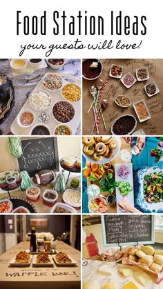 a collage of pictures with different food items and words that say, food station ideas your guests will love