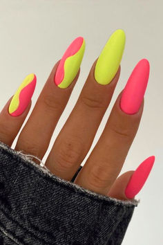 Neon Nails Simple Two Color Nails, Neon Nails Natural Nail, 2 Different Color Nails, Bright Colored Nail Ideas, Neon Colour Nail Art, Neon Festival Nails, Holiday Nails Summer Acrylic Bright, Fluro Nails, Nails Acrylic Neon