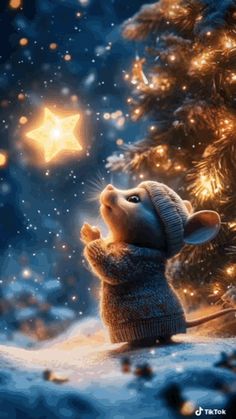 a little mouse is standing in front of a christmas tree and looking up at the stars