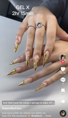 Long Almond Acrylic Nails Gold, Holiday Baddie Nails, Egyptian Inspired Nails, White And Gold Acrylic Nails With Design, Gold Nail Designs Acrylic, Stiletto Gold Nails, Gold Snake Nails, Egyptian Nails Designs, Gold Stilletos Nails