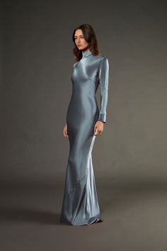 Open back long sleeve gown - celestine Structured Gown, Open Back Gown, Sleeve Gown, Silk Dress Long, Long Sleeve Gown, Wedding Idea, Silk Charmeuse, High Neckline, Pure Silk