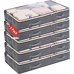 six storage boxes with lids and ties on them, each containing 5 packs of diapers