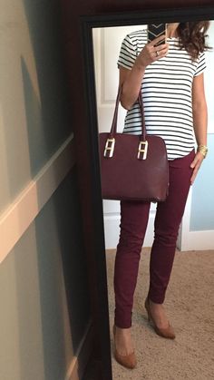 Burgundy Jeans Outfit, Burgundy Pants Outfit, Maroon Pants Outfit, Energy Water, Burgundy Purse, Stripe Top