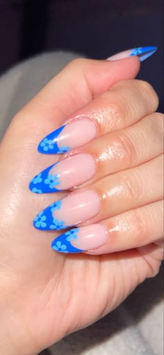 Almond Nail French Tip Designs, Colorful Almond French Tip Nails, Summer Acrylic Nails Almond Blue, Blue French Tip Nails With Flower, Summer Nail Inspo Almond French Tip, Almond Nails Designs Summer Blue, Summer Vacation Nails Almond Shape, Blue Tip Nails Almond, Almond Tip Nails Designs