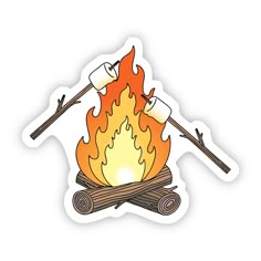 a sticker with two marshmallows on top of a campfire that is burning