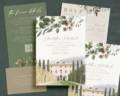 the wedding stationery is laid out on top of each other