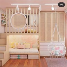 the room is decorated in pastel colors and features a swing chair, bookshelf, bed with pillows, and rugs