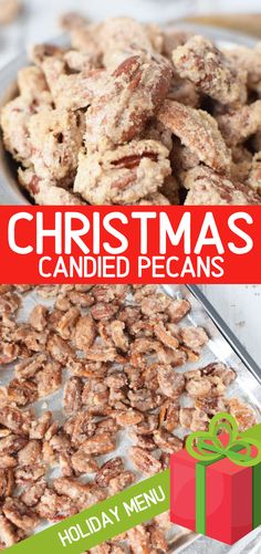 christmas candied pecans on a baking sheet with a gift box in the background