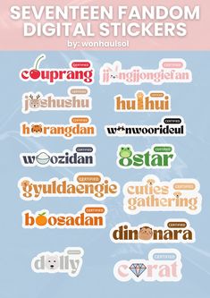 several stickers with different types of words on them, all in different colors and sizes