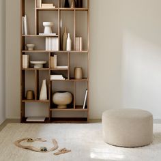 a shelf filled with vases and books on top of a white carpeted floor