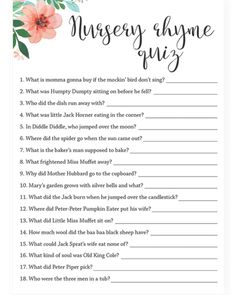 a printable question card with the words, nursery rhyme quiz on it