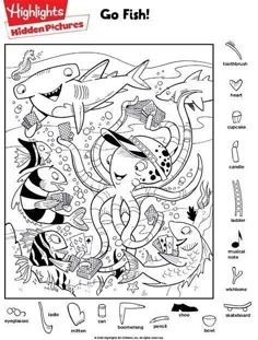 a coloring page with an image of fish and other marine creatures in the ocean, including sharks