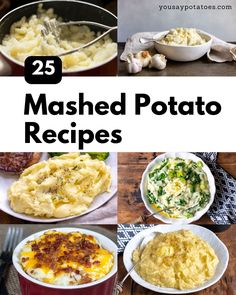 Collage of mashed potato recipes. Truffle Mashed Potatoes Recipe, Cowboy Mashed Potatoes, Mashed Potatoes Recipe Cheesy, Cheesy Baked Mashed Potatoes, Vegetable Bake Recipes, Potatoes Dauphinoise, Fondant Potatoes, Potato Varieties, Fluffy Mashed Potatoes