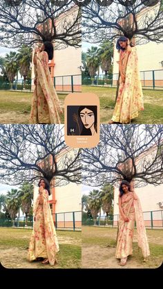 a woman standing under a tree wearing a sari