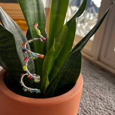 a potted plant with bracelets on it's end sitting in front of a window