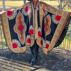 New Without Tags Handmade African Print Ankara Black Multicolor Dashiki Belted Poncho Cape Handmade 100% Cotton One Size Fits All Festival Black Shawl Kimono, Black Cape For Fall Festivals, Black Oversized Outerwear For Festivals, Black Fall Festival Cape, Black Bohemian Cape For Festivals, Bohemian Black Cape For Festival, Traditional Black Shawl Outerwear, Black Bohemian Poncho Shawl, Black Shawl Cape For Festival