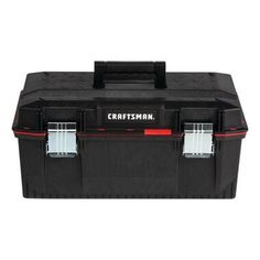 the craftsman's tool box is black and has red trimmings on it