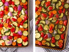 two pictures side by side showing different vegetables in baking pans