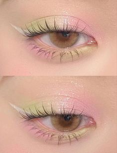 Sage Green And Pink Eye Makeup, Twice Fashion Casual, Pink And Green Eyeshadow Looks, Pink And Green Eye Makeup, Soft Pastel Makeup, Pink Flower Makeup, Green And Pink Makeup, Colourful Eyeshadow Looks