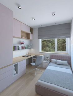 a bedroom with a bed and desk in it