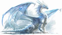 a white dragon with blue wings sitting on the ground