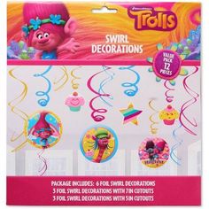 trolly decorations with swirls in pink and blue on the front of a package