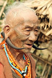 an old man with long horns and beaded necklaces on his neck is looking at the camera