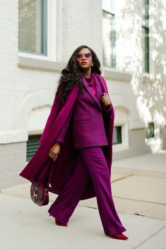 Colourful Monochrome Outfit, Dramatic Classic Wardrobe, Dramatic Outfits Style, Purple Monochrome Outfit, Dark Autumn Outfits, Dark Winter Outfits, Magenta Suit, Monochromatic Outfit Aesthetic, Monochromatic Dressing