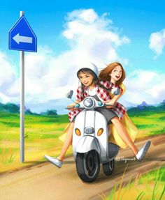 two people riding on the back of a scooter down a dirt road next to a blue street sign