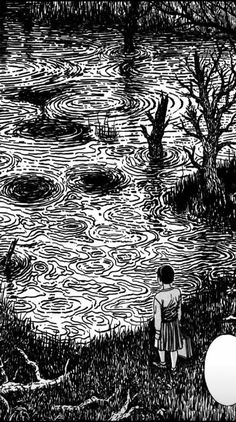 a black and white drawing of a person standing in front of a lake with trees