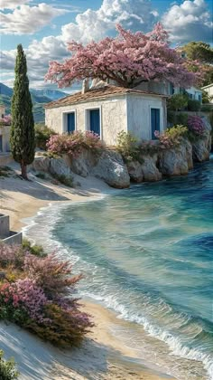 a painting of a house by the ocean with pink flowers on it's roof