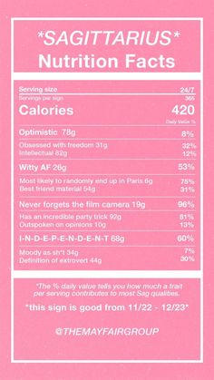 the nutrition label for sagittarius's nutrition fact is shown