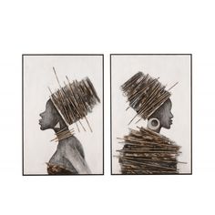 two paintings with sticks sticking out of them