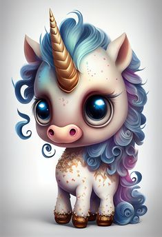 an adorable little unicorn with blue hair and big eyes