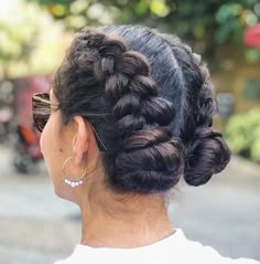 Stylish Hairstyles for Every Occasion Double Dutch Braid Updo, Two French Braids With Buns At End, Double Hair Braids, Two Braids Updo, Two Braids Long Hair, Braids In To A Bun, Dutch Braid Hairstyles For Softball, French Braids To Buns, Best Gymnastics Hairstyles