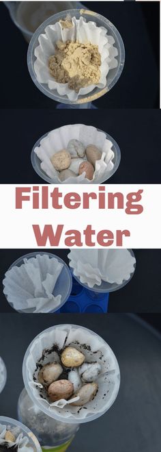 there are several different types of food in plastic containers with the words filtering water on them