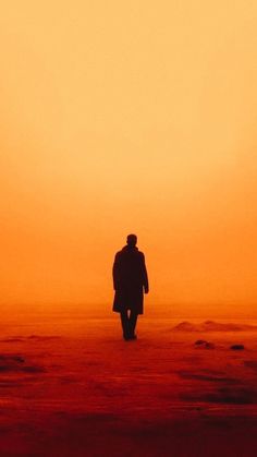 a person walking on the beach in front of an orange and yellow sky at sunset