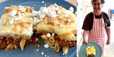 a man in an apron is holding a plate with food on it and another photo of the same person