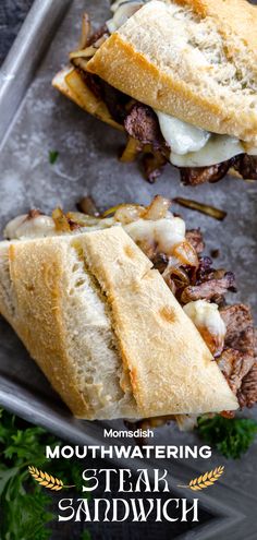 two sandwiches sitting on top of a pan covered in meat and cheese, with the words mouthwatering steak sandwich