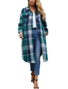 PRICES MAY VARY. Button down closure fashion oversized midi shirt dress wool coat Casual plaid Jacket featured two side pockets,2 flap chest pockets,side slit design,turndown collar Comfy,relaxed loose fit brushed checked long flannel shirt coat,suit for for spring,autumn,winter Retro and chic,gingham pattern,under knee length long sleeved tartan shirts jackets maxi medium weight trench coat for home,work,travel,etc All items are US SIZE.We've improve our jackets with REAL BIG SIDE POCKETS Long Plaid Shacket Outfit, Plaid Shacket Outfit Women, Plaid Shacket Outfit, Shacket Outfit Women, Shacket Outfit, Buffalo Plaid Shirt, Tartan Shirt, Plaid Shacket, Plaid Outfits