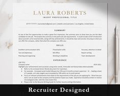 a professional resume is shown on top of a white marble background with the words recruit designed below it