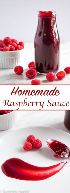 homemade raspberry sauce in a glass bottle on a white plate