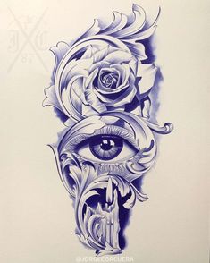 a drawing of an eye with roses on it