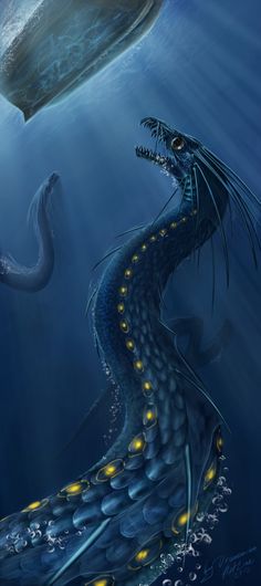 a large blue dragon swimming in the ocean with a light on its head and tail