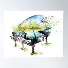 a watercolor painting of a grand piano poster