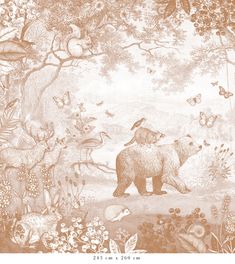 a bear is standing in the middle of a forest with birds and flowers on it