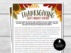 the thanksgiving left right story is shown in front of a wooden background with an orange and yellow sunflower